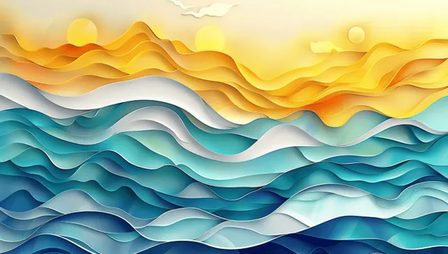 Abstract ocean waves under a golden sunburst sky with pastel swirls