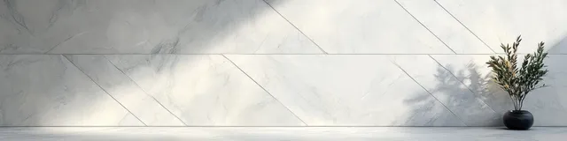 Minimalist marble wall interior with soft light reflections and potted plant