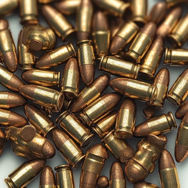 Scattered brass bullets lie in a tight close-up with dramatic shadows across their metallic surfaces.