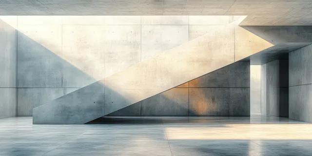 Geometric concrete interior with diagonal beams and soft skylight glow