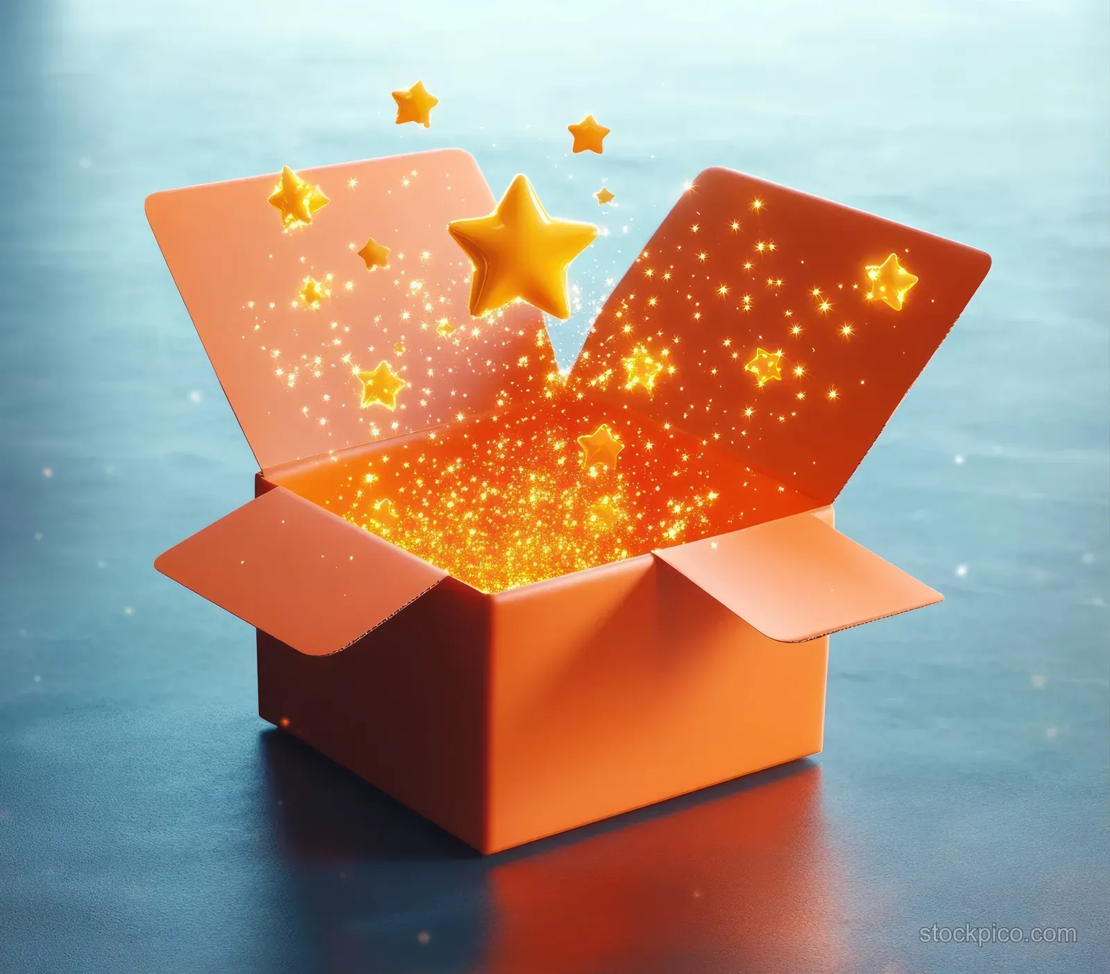 Orange open box on a blue surface releases glowing golden stars and sparkling light.
