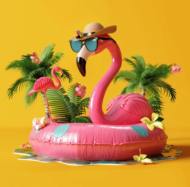 Cute pink flamingo lounging on inflatable tropical island with hat and sunglasses