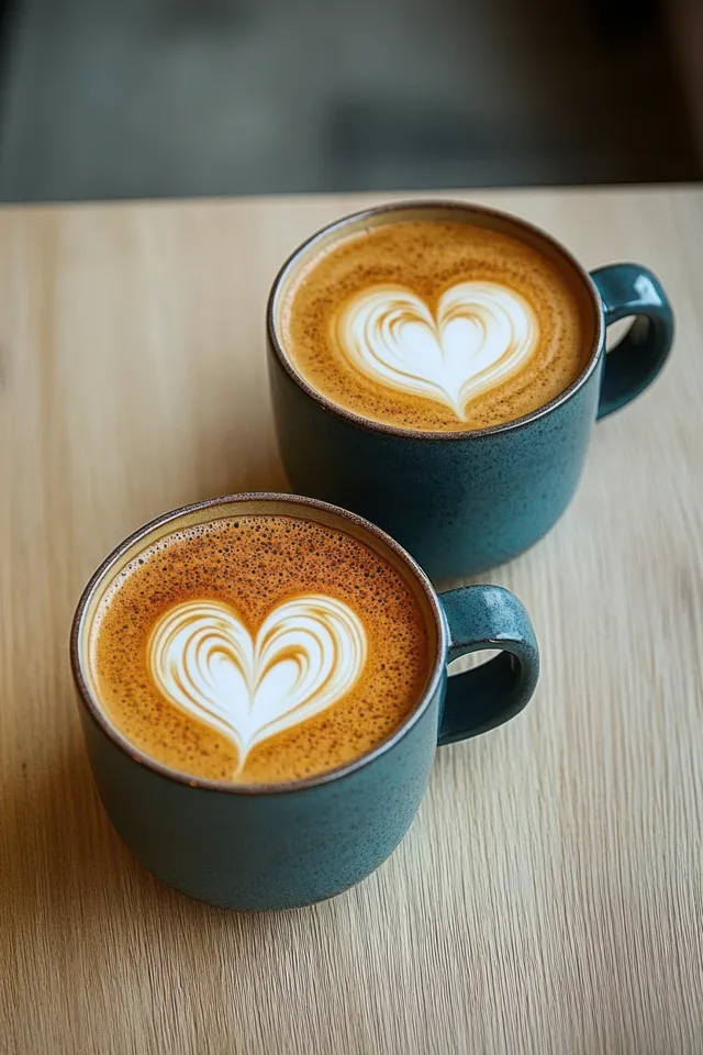 Two coffee cups with heart latte art on light wooden table