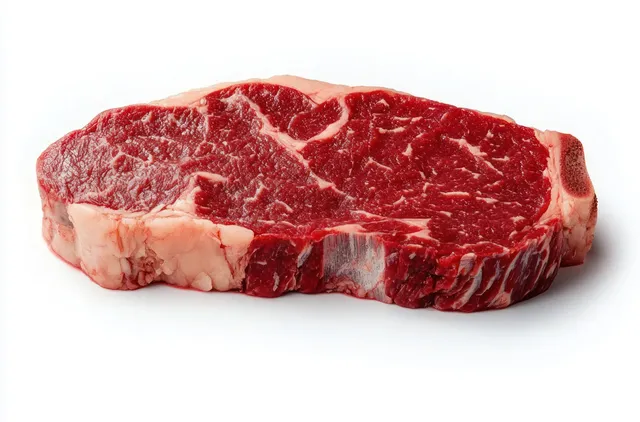 Raw beef steak with marbling and fat edge isolated on clean white background