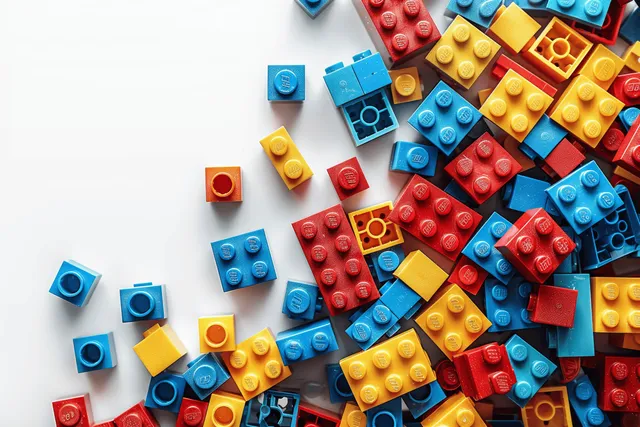 Top view of colorful plastic building bricks scattered with blank copy space on white