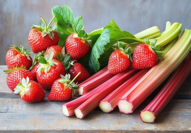 Strawberries and rhubarb arranged on rustic wooden table with bright green leaves