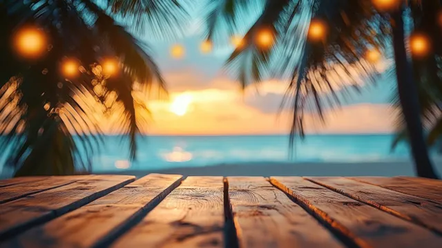 Wooden deck table overlooking turquoise ocean, sunset glow behind palm leaves