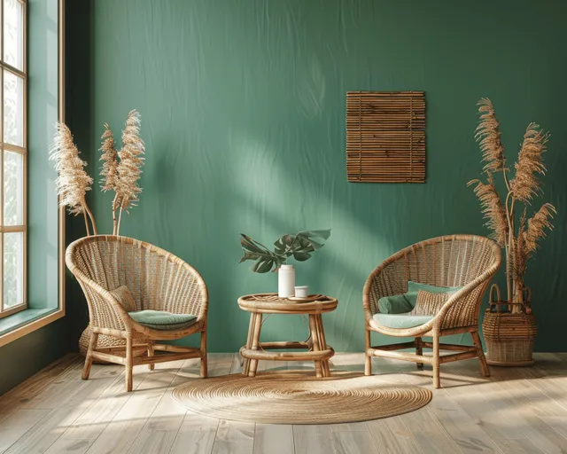 Two rattan armchairs and a small wooden side table sit on a rug against a textured green wall with pampas grass decor.