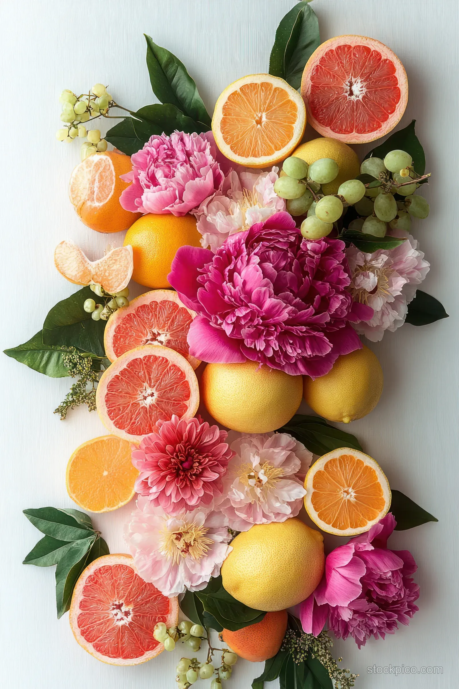 Tropical fruits and peony flowers arranged with citrus slices and green leaves on a clean white background.