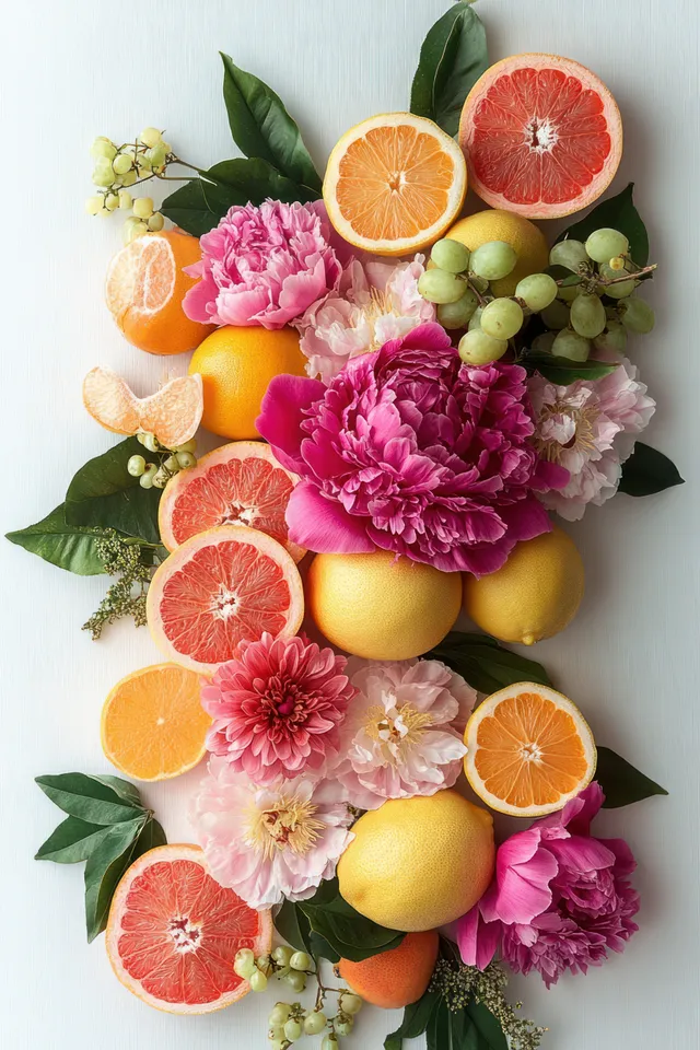 Tropical fruits and peony flowers arranged with citrus slices and green leaves on a clean white background.