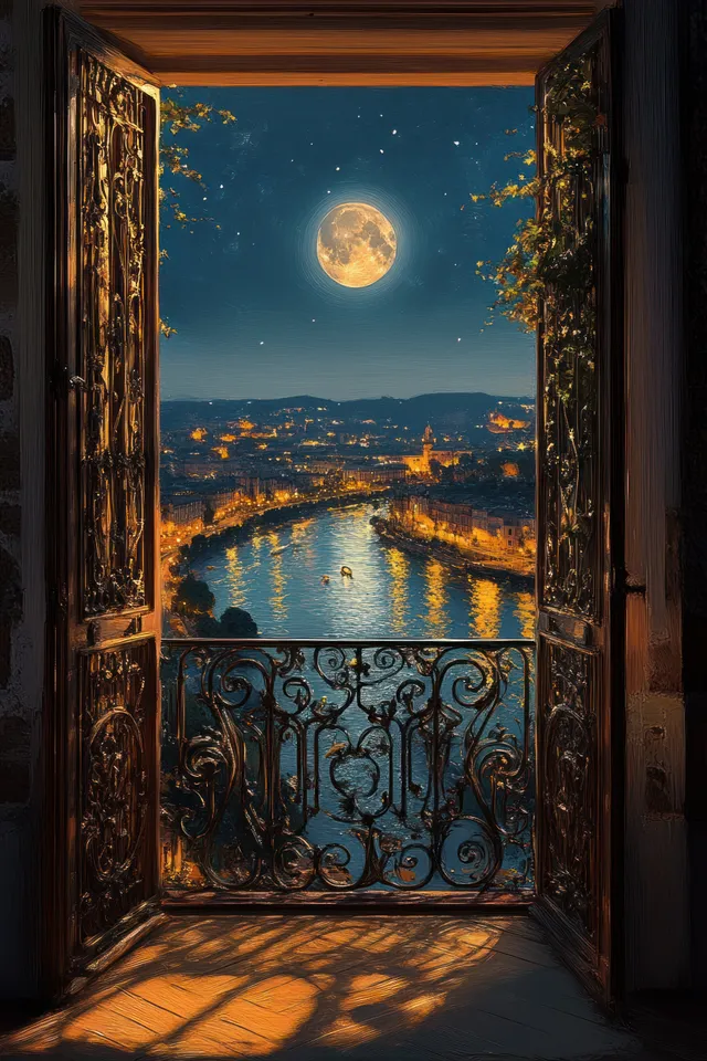 Moonlit city lights are visible through an open wrought-iron balcony door onto calm reflective water.