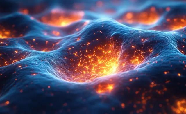 Neon-blue cellular filaments curl around glowing orange nuclei in a dark microscopic 3D visualization.