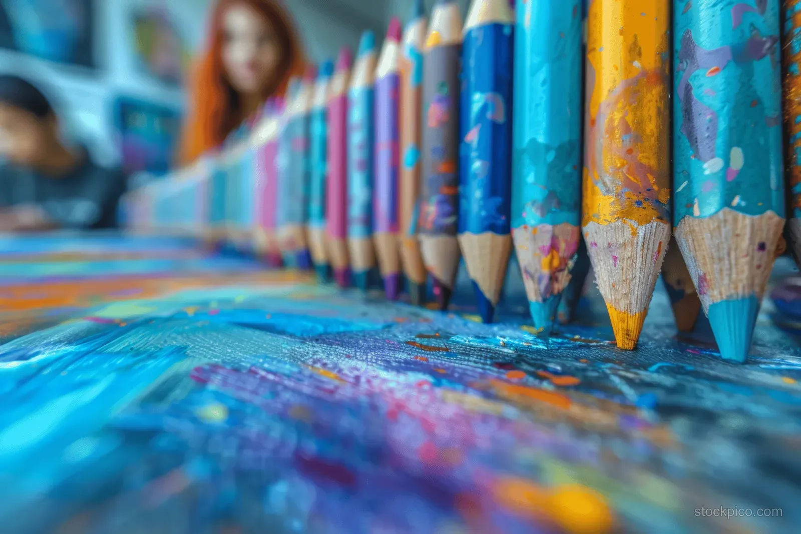 Colored pencils and markers are lined up on a paint-splattered art table with children drawing in the background.