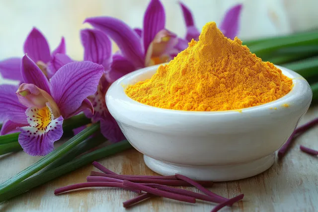Turmeric powder in a white bowl beside purple orchids and fresh chives