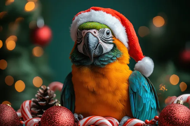 Colorful parrot in Santa hat holding candy cane amid Christmas ornaments and bokeh lights