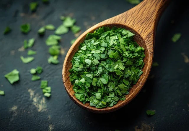 Chopped fresh green herbs in wooden spoon with scattered herb pieces on dark slate