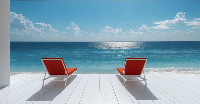 Minimalist beachfront villa terrace with red loungers facing ocean waves under blue sky