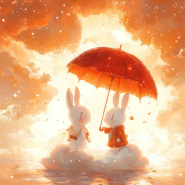 Two white rabbits stand on small clouds under a red umbrella as the sky glows orange and yellow.