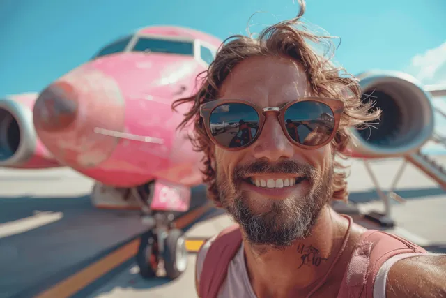 A smiling man takes a selfie in front of a pink airplane at a sunny airport terminal gate.