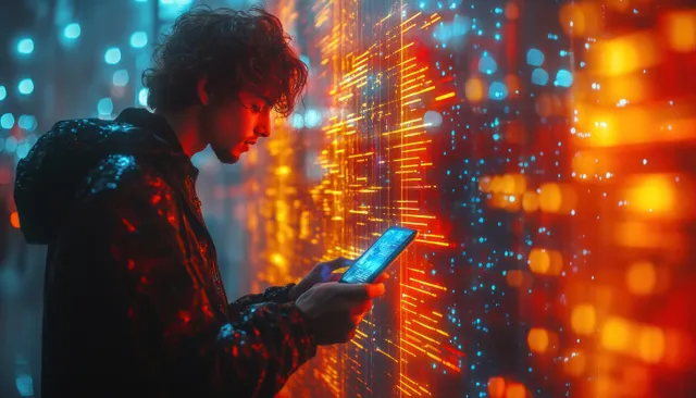 Professional Data Analytics on Smartphone in a Modern Office with Holographic Charts
