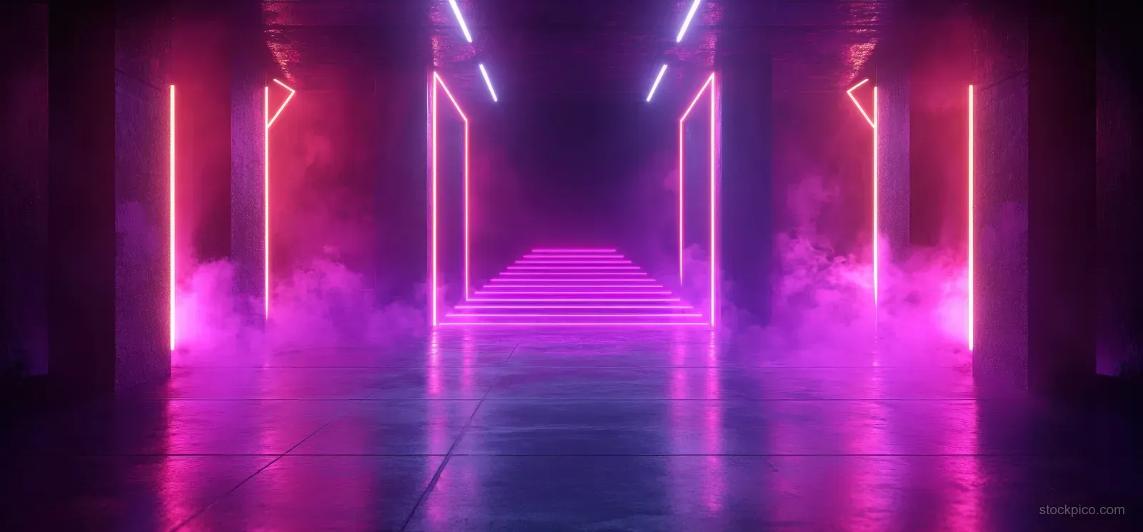 Neon-lit cyberpunk corridor stage with glowing geometric panels, purple pink blue lights, and smoky haze.