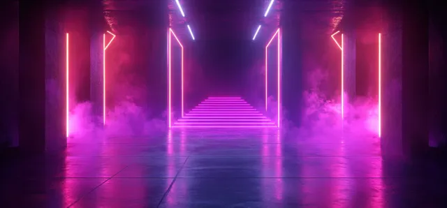 Neon cyberpunk stage with glowing geometric corridor, purple pink blue lighting, smoky haze