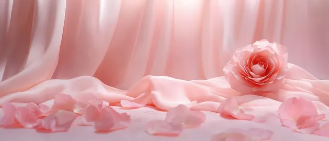 Pink rose resting on silk satin drapes with scattered petals in soft daylight