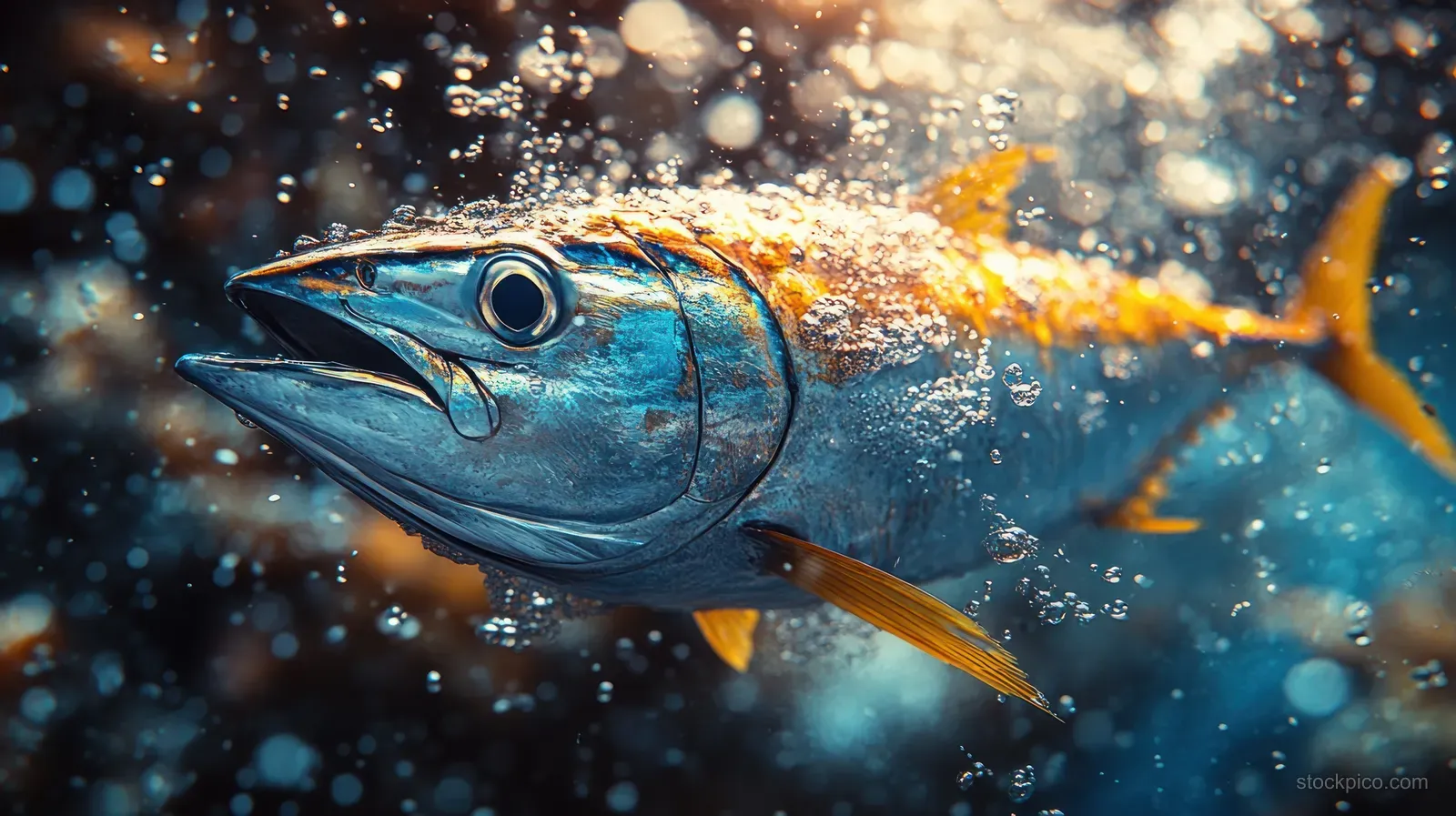 A tuna fish breaks the ocean surface mid-jump with water spray and bubbles around its blue body.
