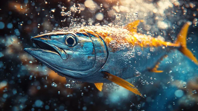 A tuna fish breaks the ocean surface mid-jump with water spray and bubbles around its blue body.