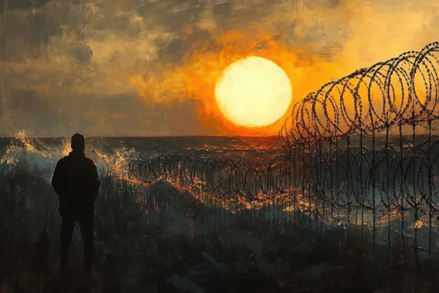 Silhouette stands by barbed wire fence facing a glowing sunset over calm sea