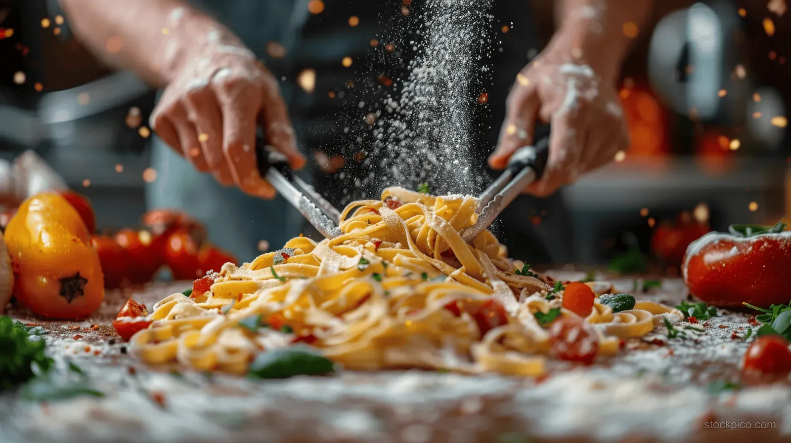 Two hands toss flour-dusted fresh pasta noodles on a countertop surrounded by tomatoes and herbs.