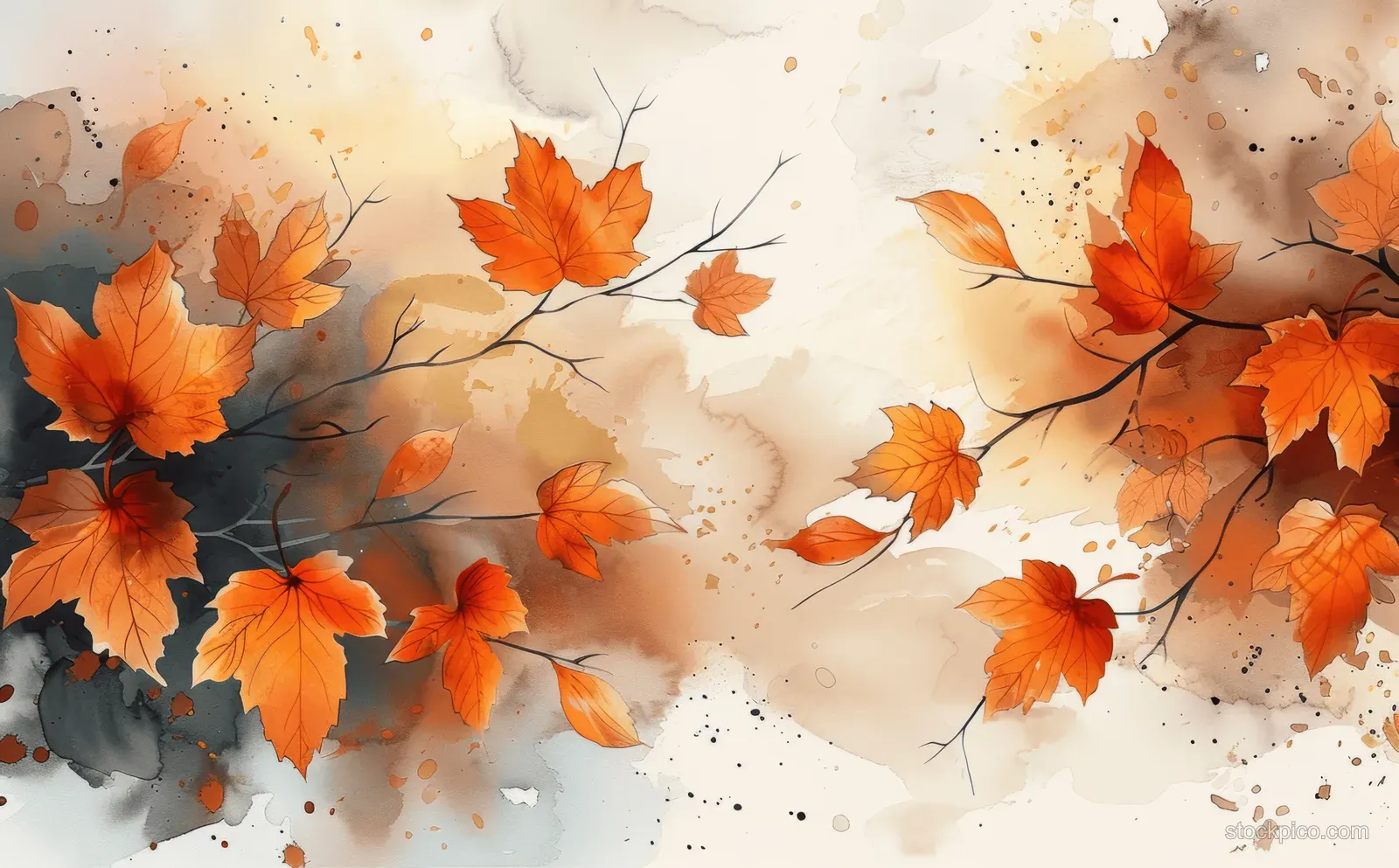 Orange and brown watercolor maple leaves scatter across a light beige speckled background with ink splatters.