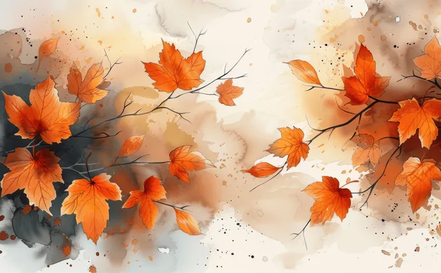 Orange and brown watercolor maple leaves scatter across a light beige speckled background with ink splatters.