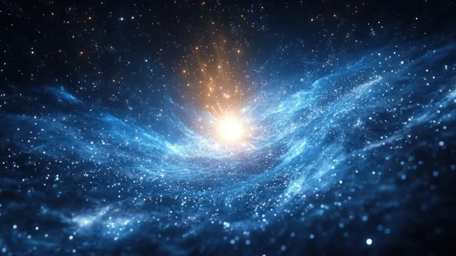 A glowing golden starburst radiates light through swirling blue cosmic dust in deep space.