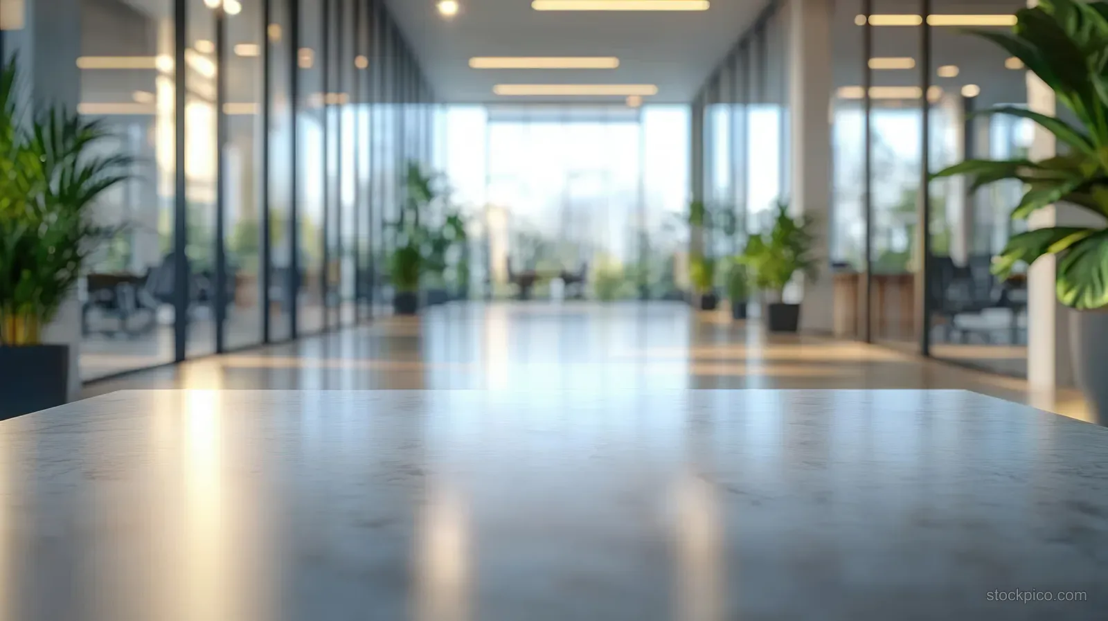 Minimalist office hallway with marble table foreground, natural daylight, and blurred plants and windows.