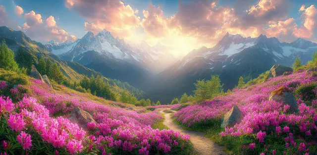 A winding path through a mountain valley covered with pink wildflowers under a colorful sunset sky.