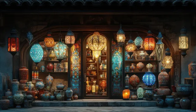 Lantern-filled Middle Eastern shopfront with warm light illuminating decorative lamps and shelves.