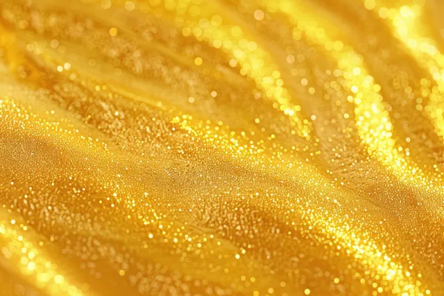 Shimmering golden surface with flowing highlights and sparkling bokeh reflections