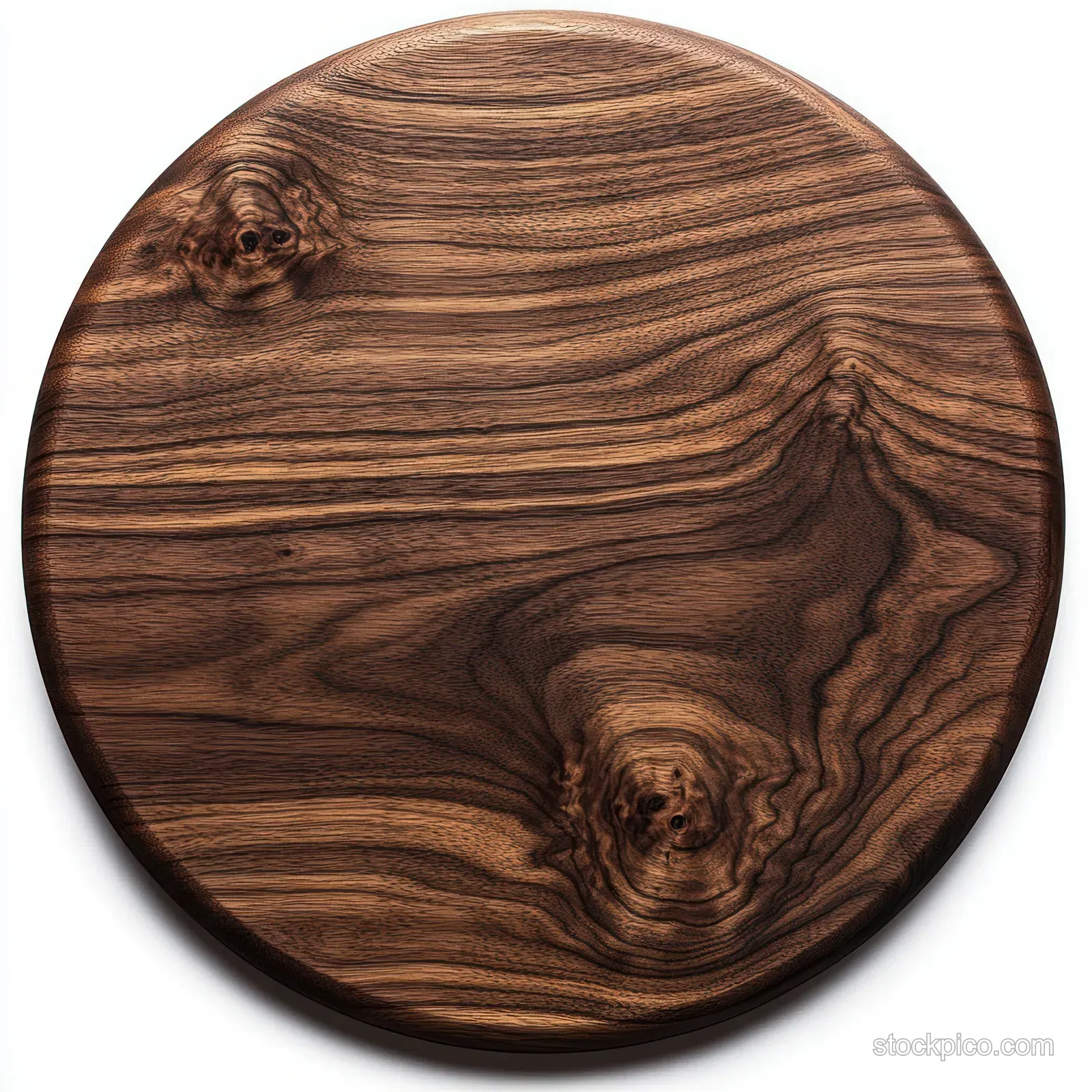Round walnut chopping board shown on a white background with swirling wood grain patterns.