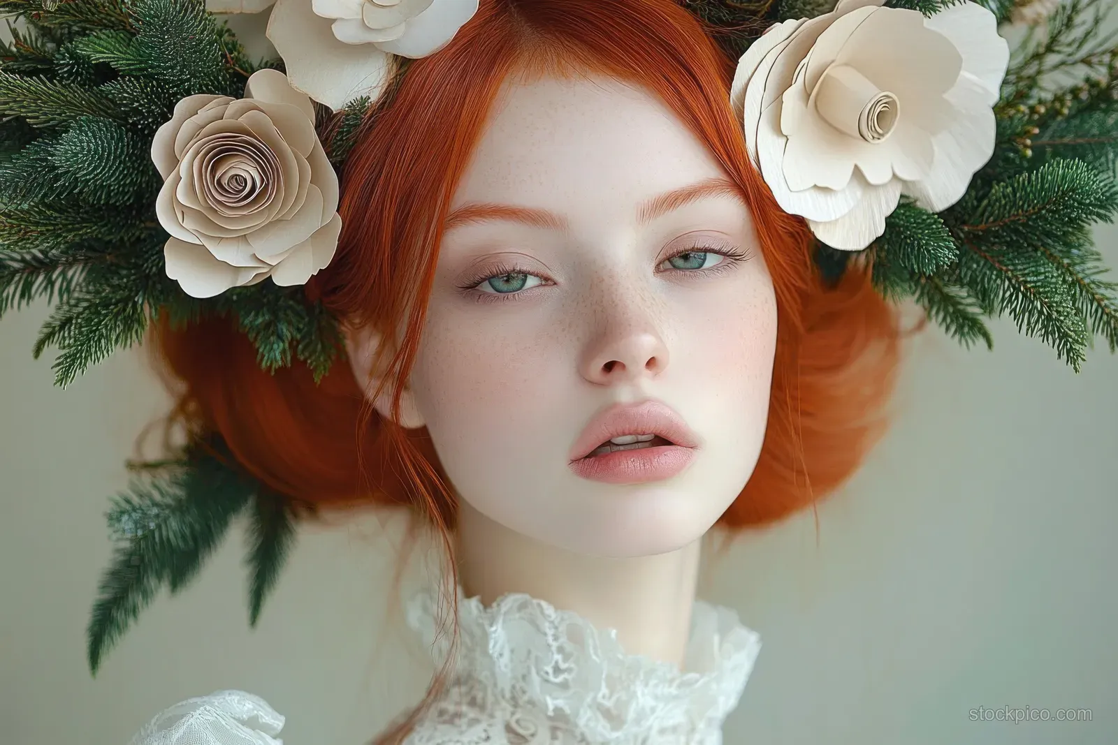 A calm portrait of a red-haired woman wearing white lace and large paper flowers with green foliage around her head.