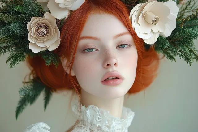 A calm portrait of a red-haired woman wearing white lace and large paper flowers with green foliage around her head.