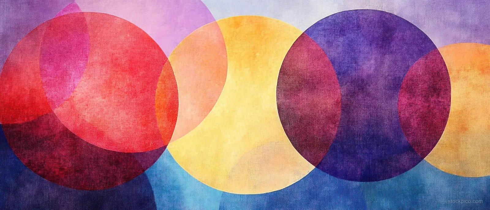 Overlapping watercolor circles in red, yellow, and purple appear on a light, textured abstract background.
