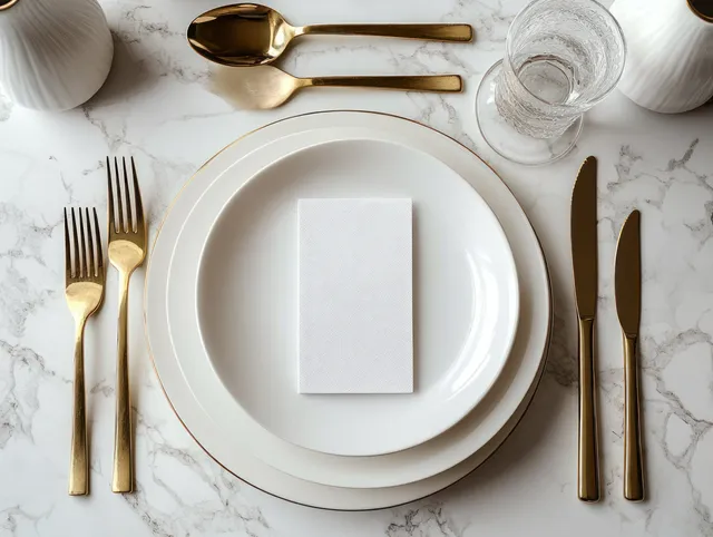 Gold cutlery, white plates, and a clear water glass arranged on a white marble table in a flat lay.