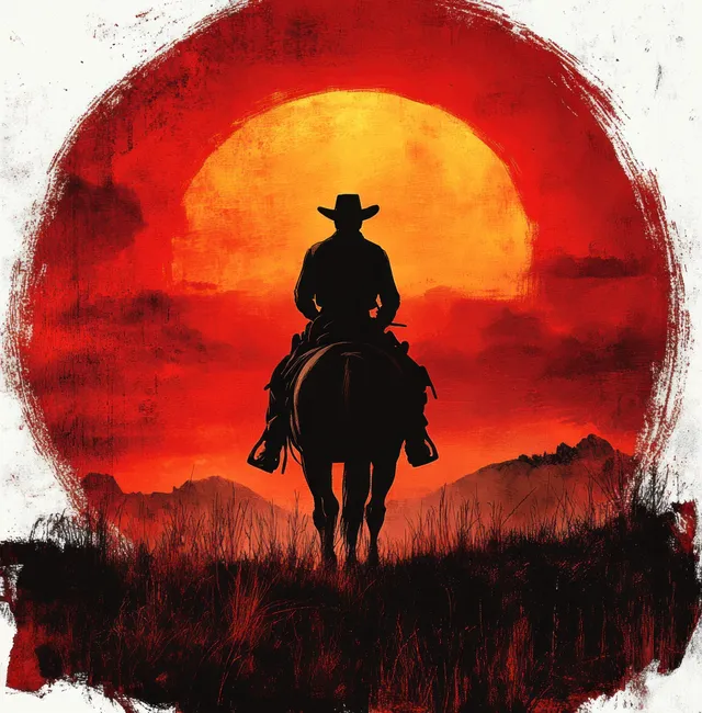 Cowboy silhouette riding a horse toward the horizon beneath a massive red-orange sun
