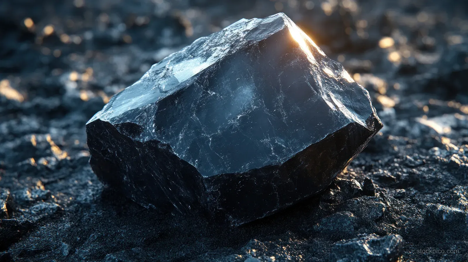 A shiny obsidian rock sits on dark gravel as sunlight catches its sharp facets and textured surface.