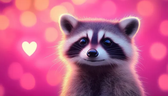 A cute raccoon close-up with bright eyes against a pink background with glowing heart-shaped bokeh.