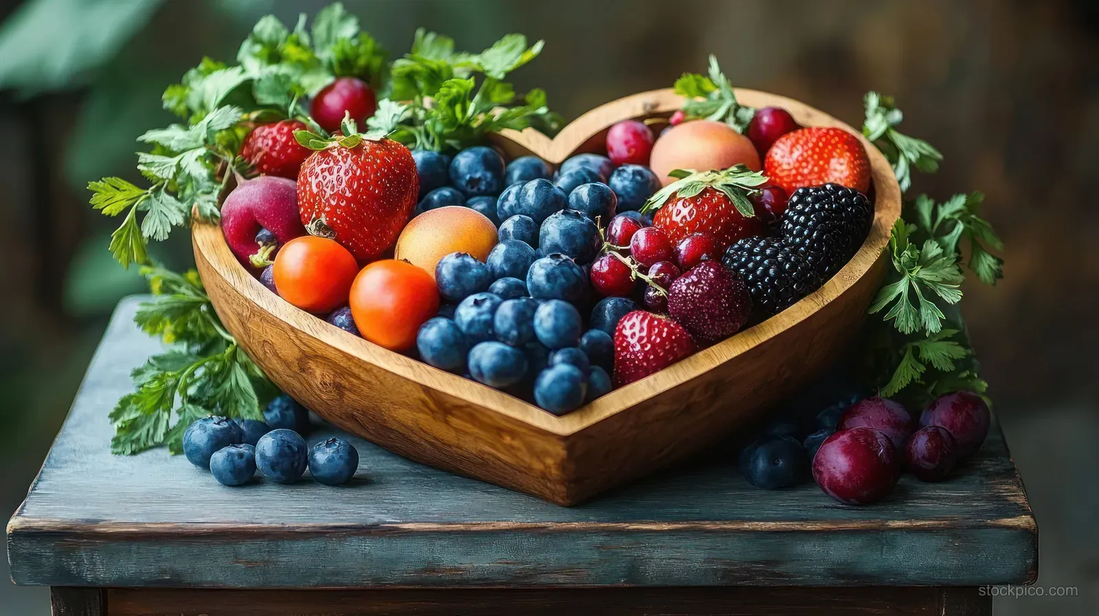 Heart-shaped wooden bowl filled with assorted berries and fruits with green leaves on rustic wood table.