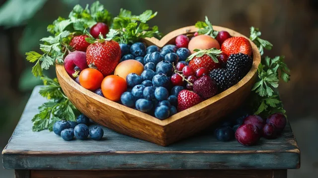 Heart-shaped wooden bowl brimming with summer berries and fruits on rustic table
