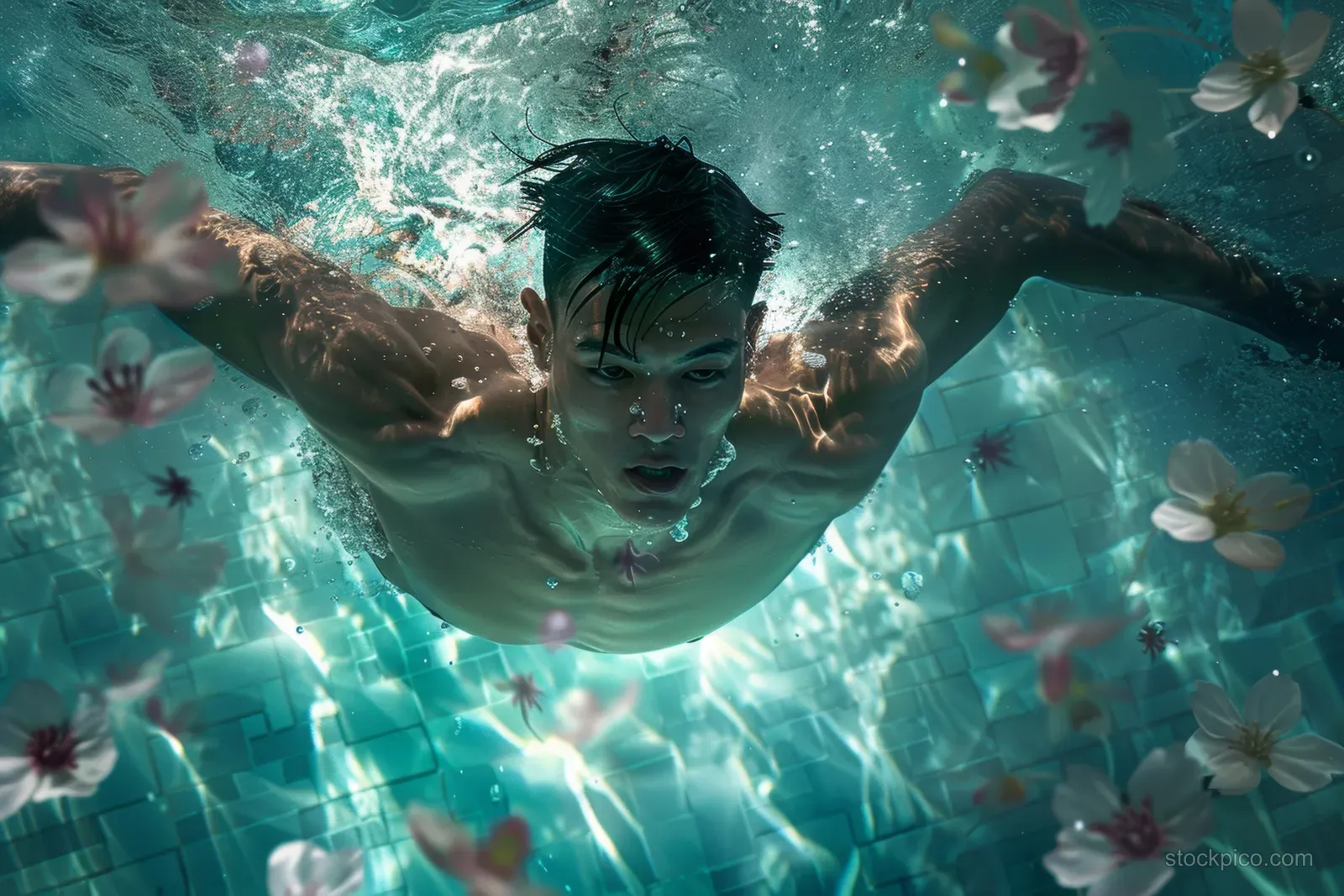 An underwater swimmer in blue water with drifting cherry blossom petals around his body.