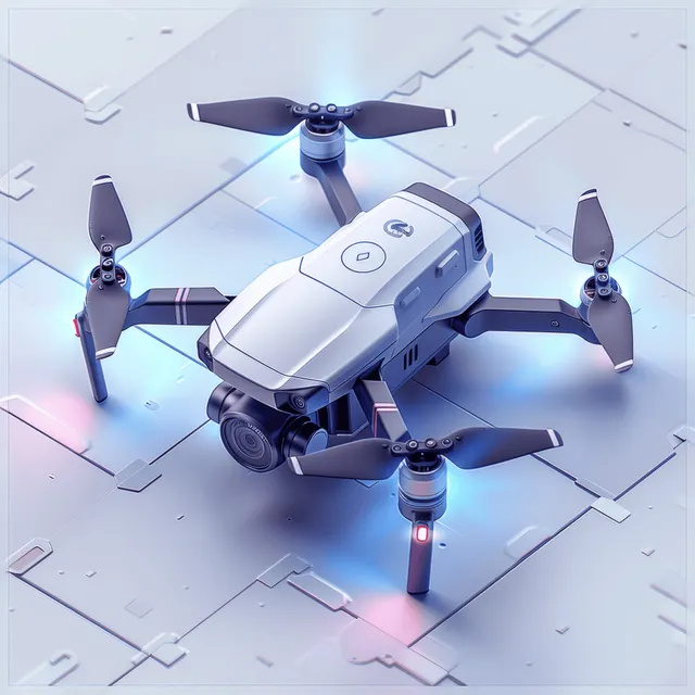 Quadcopter camera drone hovering above light blue and gray geometric panels under cool cinematic lighting.